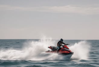 A group of people is interacting in and around a small boat on a body of water. Some individuals are in the water with scuba diving gear preparing for or returning from a dive, while others remain on the boat. One person with goggles rests casually inside the boat.