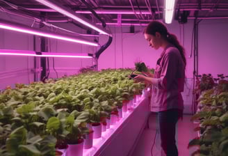 pink LED lights in a hydroponic setup. The environment appears to be inside a controlled indoor farming facility with shelves of plants and a ventilation system.