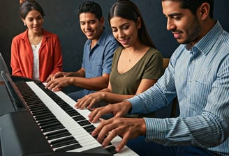 Personas aprendiendo a tocar el piano
