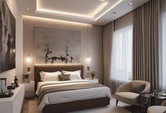 An ornate architectural interior featuring intricate marble patterns and a golden decorative lantern. The design is complemented by Arabic calligraphy and geometric motifs, creating a harmonious blend of colors and textures.