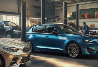 A blue car is inside a car service center