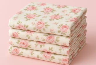 A neatly stacked bundle of folded cotton fabric with a pink rose print on a cream background, displa