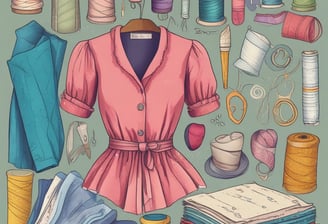 An image of a sewn pink top with fabric, spools of thread in different colors, and notions.