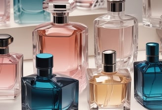 A bottle of perfume with a metallic cap sits on a textured, crumpled white background. The bottle label reads 'ol.factory Aroma Brand' and features a dark, marbled blue design.