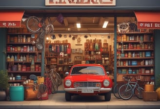 A storefront illuminated at night displays signage in Cyrillic, suggesting an automotive-related shop. The interior is brightly lit, showcasing shelves stocked with various automotive products and accessories. A car is parked in front of the glass window.