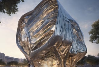 A futuristic building with a large, curved glass and metal structure, featuring geometric patterns and reflective surfaces. The architecture is innovative and modern, with clean lines and an expansive shape.