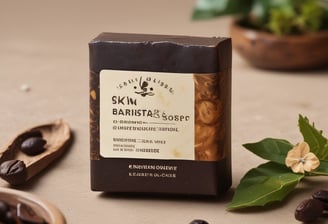 Three stacked bars of handmade soap with a natural, beige color sit on a soft white surface. A delicate sprig of dried flowers is visible in the background, adding an elegant touch to the minimalistic composition.