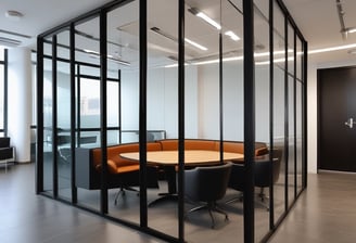 Curved, smooth concrete surfaces with a gray and metallic finish create a modern architectural interior. The design features a semi-transparent partition or window with rounded edges.