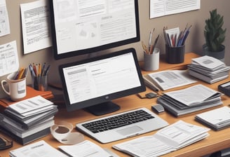 A set of tax forms and documents is placed neatly on a dark surface. There is a black coffee mug to the right of the documents, and a pen is resting on a folder. The scene suggests a workspace setting.