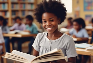 a young girl is smiling and holding a book