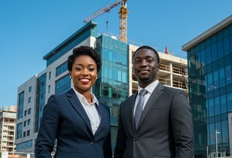 a man and woman standing in front of a building