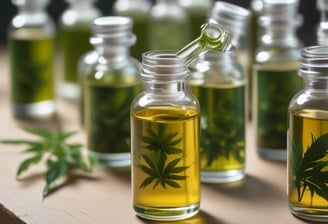A package labeled 'ALT' is placed on a wooden table surrounded by various potted plants in ceramic and tin containers. The package indicates that it contains cannabis-infused liquid with THC content, and it has a minimalist design with a metallic finish.