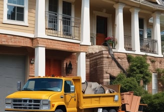 A sunlit patio with terracotta tiles is adorned with cleaning equipment, including a wet and dry vacuum, containers of cleaning solutions, and a pressure washer. A portion of a white car is visible near a hedge-lined driveway, while lush green vegetation and a manicured lawn provide a backdrop.