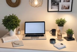 A smartphone displaying a social media profile is placed on a wooden table next to a laptop. The profile includes a picture, name, and details about a creator and photographer. The blue and white interface is visible on the phone screen.