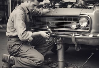 A spacious and well-lit automotive repair shop with several vehicles, including a truck on a lift and another with its hood open. The area is organized with tools and equipment scattered around workstations, with blue car lifts and various service bays visible.