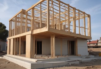 A construction site featuring a multi-story building in progress. Several workers wearing yellow helmets are scattered across different floors, with some engaged in activities such as carrying materials or working on the structure. The building appears to be made of concrete, and there are numerous steel rods protruding from the top floor.
