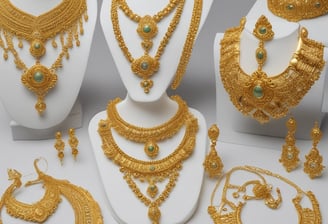 A luxurious gold necklace adorned with sparkling gems is elegantly displayed on a red velvet mannequin stand. The lighting highlights the intricate details and the lustrous finish of the jewelry, creating a sense of opulence.