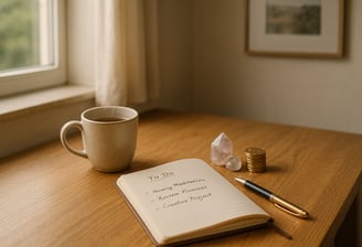 Notizbuch mit To-Do-Liste, Kristallen, Goldmünzen und Teetasse auf einem Holzschreibtisch – Symbol f
