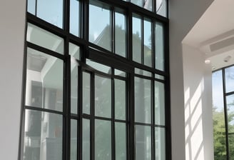 A series of glass panels arranged in a grid pattern, reflecting a scenic view of a serene landscape with greenery and a body of water. The panels are mounted using metallic bolts, creating a structured and geometric appearance. The view through the glass includes a clear blue sky with some clouds.