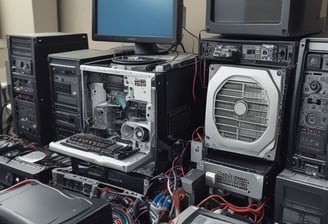 A messy tangle of blue, black, and green cables connected to network equipment on a shelf. There are several electronic devices, including routers and switches, with cables haphazardly arranged. A power outlet is visible on the wall.