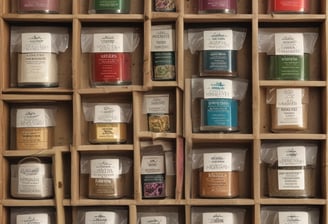 Various types of tea leaves are displayed in containers with labels written in a foreign language, likely Thai. The tea is accompanied by other packaged goods lining the shelves in a small, busy shop with colorful packaging. A person is seen in the background holding a smartphone.