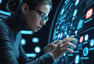 a women wearing glasses seeing a digital touch screen monitor