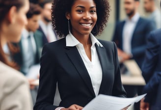 Client giving cv to employer over red desk with laptop in a suit black lady white man employer