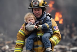 Firefighters wearing protective gear, including helmets and uniforms with reflective stripes, stand in an outdoor setting with a focused demeanor.