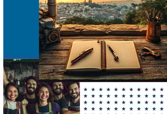 Journal with celebrating people and blue stars