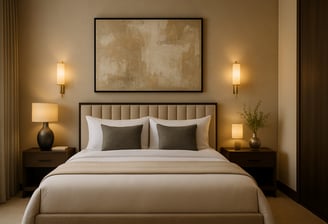 a hotel-style bedroom design with a large painting on the wall