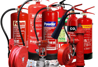 a group of fire extinguisher and hoses