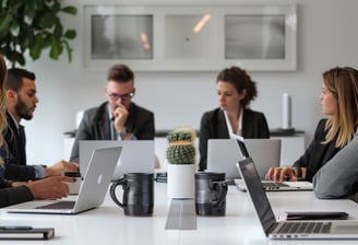 Five people seated at a desk each with laptops deep in thought