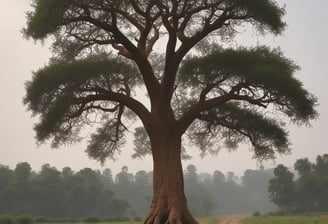 A young evergreen tree is growing in a forest environment. The ground is covered with dry leaves and small patches of moss, providing a natural setting. In the background, a large rock partially covered with moss is visible, enhancing the natural and serene atmosphere.