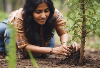 A person crouches outdoors, planting a small sapling in a plastic bag into the soil. The individual is wearing a floral patterned top and a red skirt, with a focused and content expression. The background consists of trees and natural surroundings.