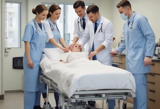 A person in a blue shirt with the logo 'Angels for Humanity' provides dental care to a young patient lying on a dental chair. The setting appears to be a makeshift dental clinic with blue medical equipment and supplies on tables. Other team members in similar attire are visible in the background, some attending to other patients.