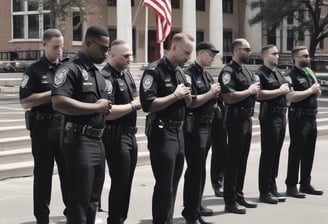 A group of people, predominantly men, are engaged in a moment of prayer or reflection. One individual wears a camouflage uniform with a white belt, raising both hands, conveying a sense of devotion. Others are dressed in yellow jackets and traditional hats. Their expressions range from focused to emotional, with hands clasped or raised. The setting has a rustic backdrop with wooden and corrugated metal elements.