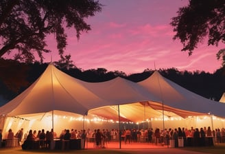 An outdoor event space is decorated with draped white fabric, tables, and chairs under a canopy. Green lighting illuminates the surrounding greenery, creating a vibrant atmosphere. Several people are visible in the background, suggesting a social gathering.