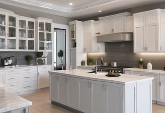 A modern kitchen or dining space featuring wooden cabinetry with clean lines. The countertop is adorned with white bowls placed on black napkins, along with a long, decorative platter. The background includes textured wall tiles and decorative vases, adding a sophisticated touch.