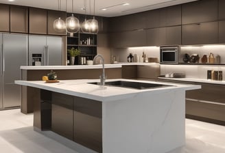 A modern bathroom showroom featuring a toilet, a glass shower enclosure, and dark tile flooring. The walls incorporate built-in cabinetry with minimalist designs. A wicker basket and some packaged products are visible under a counter.