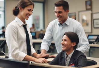 One woman and two men discussing an intern project sponsored by their college