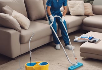 A person is seen cleaning a beige leather sofa with a yellow cloth. The individual is wearing a plaid shirt and a watch. The background includes a beige couch with cushions and a plant, indicating a living room setting.