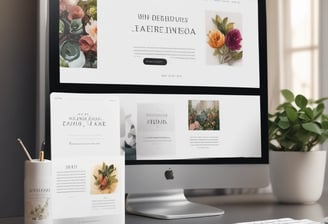 A laptop displaying a website design with the phrase 'Build your dream website.' next to a minimalistic building image. The scene also includes a modern mug and a smartphone placed on a wooden desk.