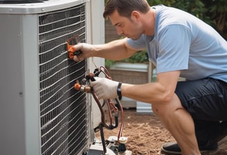A modern, rectangular air conditioning or heating unit with the logo 'alpha innotec' is installed outside a building with a dark gray brick exterior. The unit is positioned against a light concrete wall, and there is overgrown grass along the edge of the pavement.