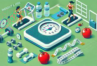 Übergroße Körperwaage mit Fitnessgeräten drum herum