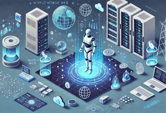 Humanoider Roboter mit Server, Laptop und Weltkugel drum herum