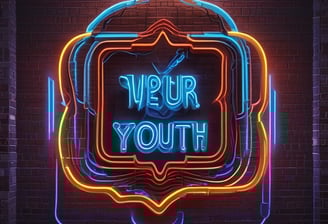 A neon sign with the words 'Empower Women' in bright blue letters against a dark background. The lettering is surrounded by an artistic design of neon orange loops, adding a decorative touch to the sign.