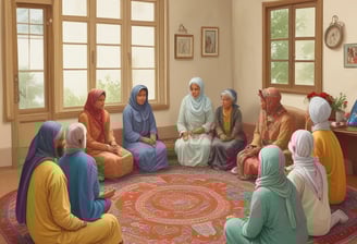 A group of people gathered around a table, where a person in the center seems to be receiving comfort or support. The atmosphere appears intimate and focused, with individuals displaying attentive body language.