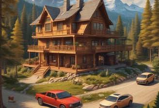 A partially constructed two-story house is situated amidst tall pine trees. The building features an unfinished concrete exterior and a roof with dark shingles. The surrounding area is covered with soil and scattered vegetation, creating a natural, woodland setting.