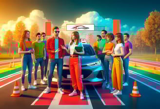 a group of people standing around a car with a car in the background