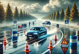 a car driving on a road with traffic cones and traffic cones